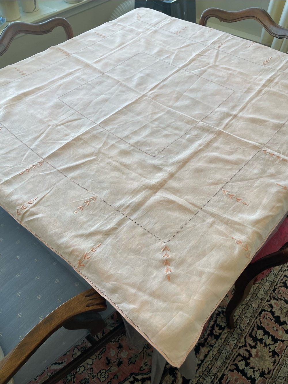 Vintage Mid Century Embroidered Leaf  Peach Linen Cotton Tablecloth - 44x44 in - Picture 2 of 10